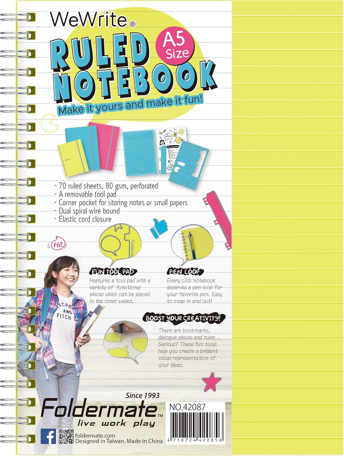 Foldermate 5 Subject notebook A5 |150 Sheets |80gsm Paper, With PP Cover & Removable dividers for flexible page adjustments | Asstored Colors- Pack Of 02